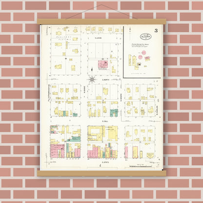 Old map wall art mockup — magnetic wood frame on brick wall — Sanborn Fire Insurance Map from Algona, Kossuth County, Iowa (1907), Sheet #0003
