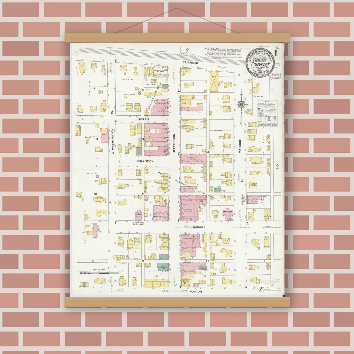 Old map wall art mockup — magnetic wood frame on brick wall — Sanborn Fire Insurance Map from Converse, Miami County, Indiana (1909), Sheet #0001