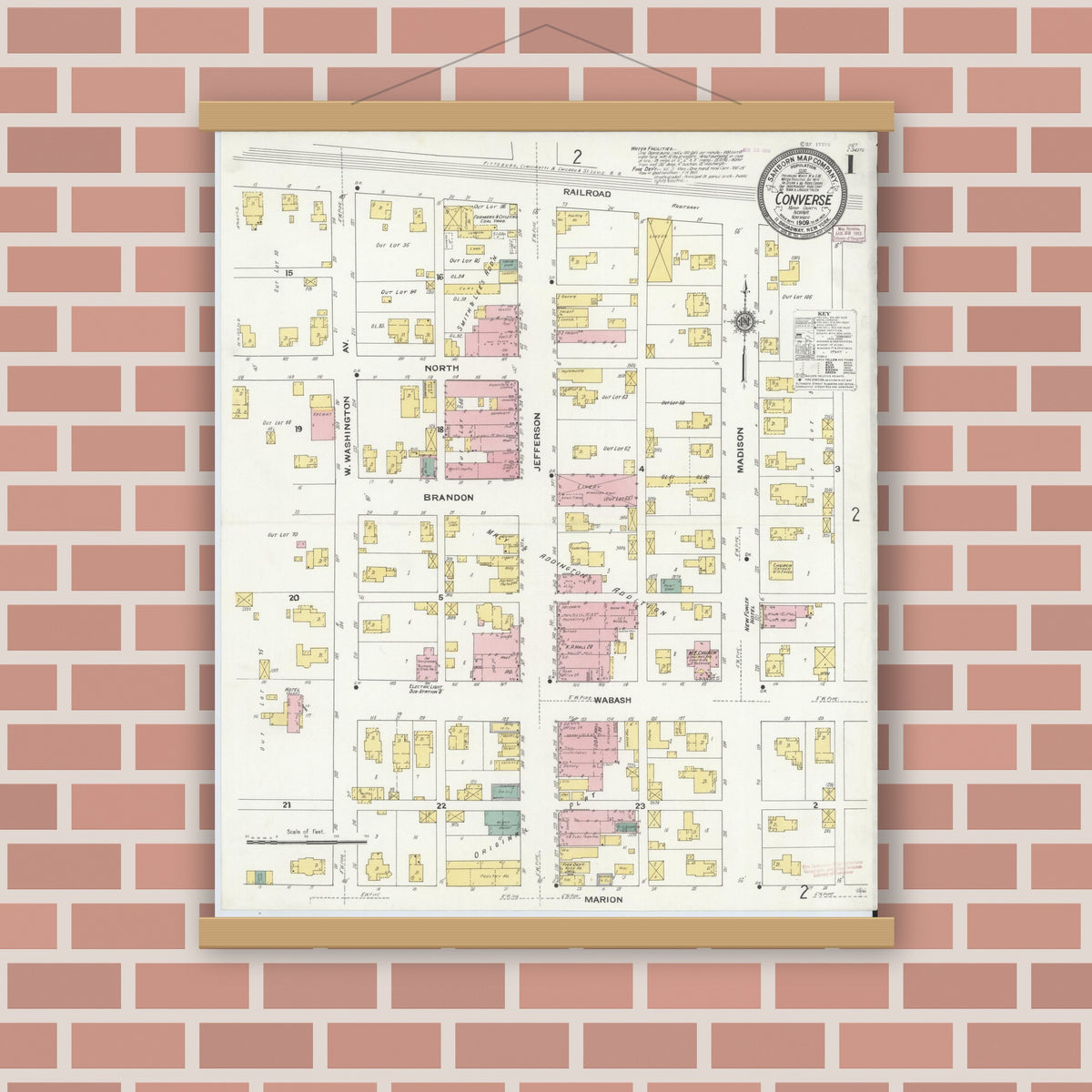 Old map wall art mockup — magnetic wood frame on brick wall — Sanborn Fire Insurance Map from Converse, Miami County, Indiana (1909), Sheet #0001