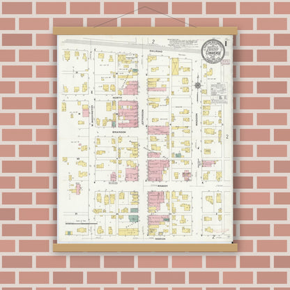 Old map wall art mockup — magnetic wood frame on brick wall — Sanborn Fire Insurance Map from Converse, Miami County, Indiana (1909), Sheet #0001