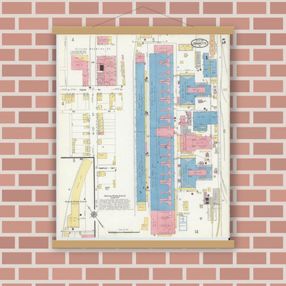 Old map wall art mockup — magnetic wood frame on brick wall — Sanborn Fire Insurance Map from Jeannette, Westmoreland County, Pennsylvania (1916), Sheet #0005