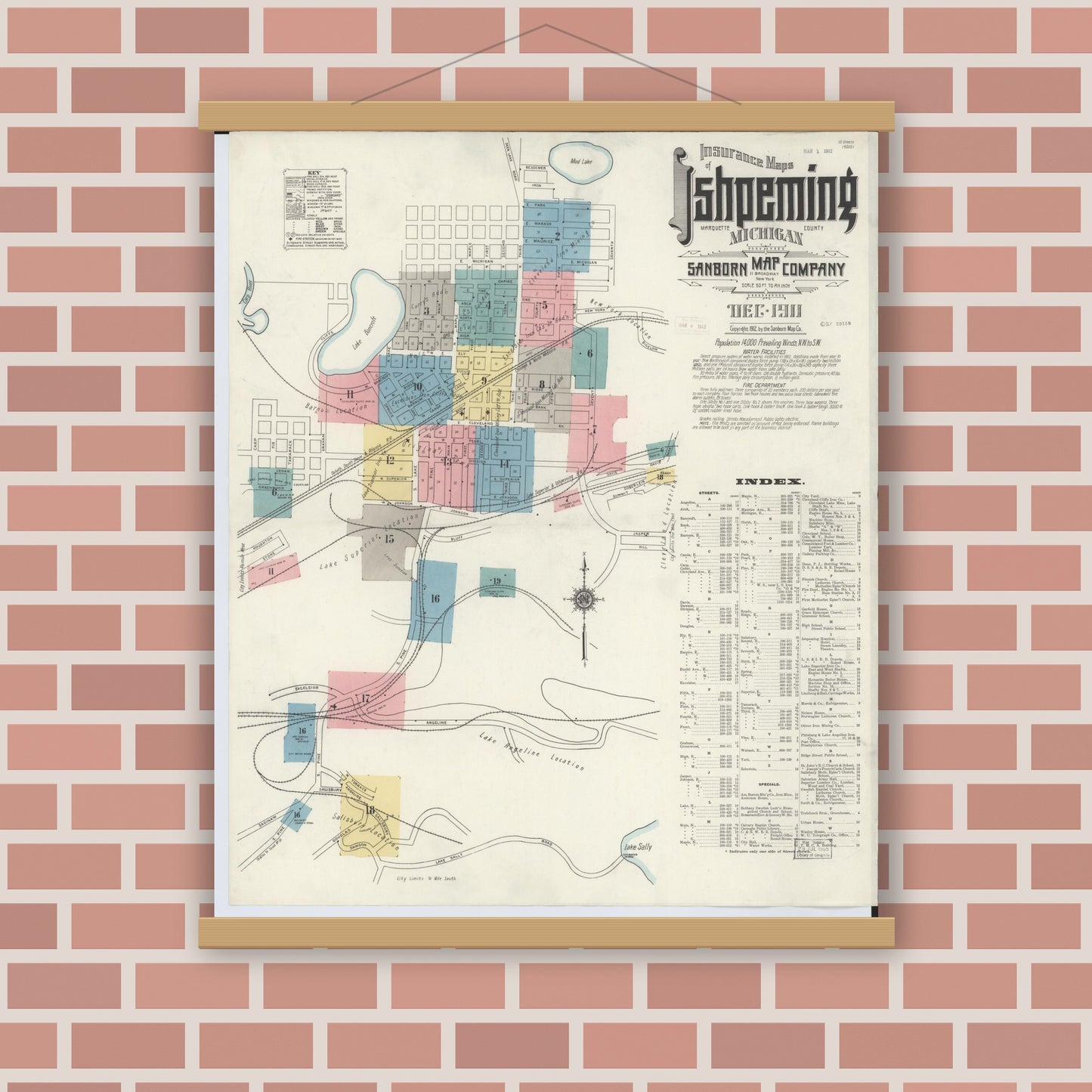 Old map wall art mockup — magnetic wood frame on brick wall — Sanborn Fire Insurance Map from Ishpeming, Marquette County, Michigan (1911) - Complete Map Set