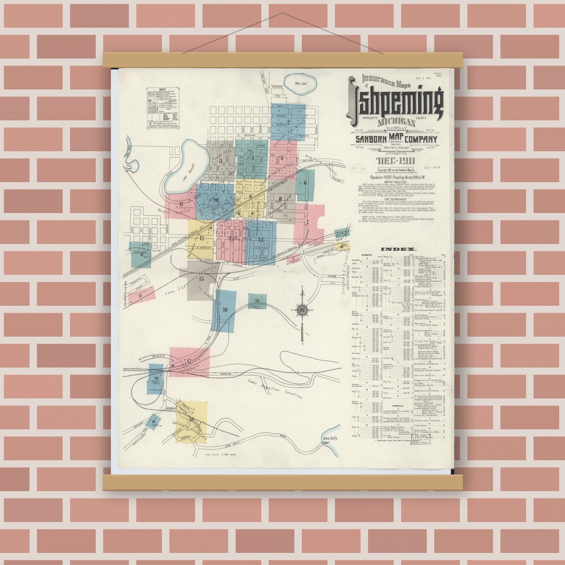 Old map wall art mockup — magnetic wood frame on brick wall — Sanborn Fire Insurance Map from Ishpeming, Marquette County, Michigan (1911) - Complete Map Set