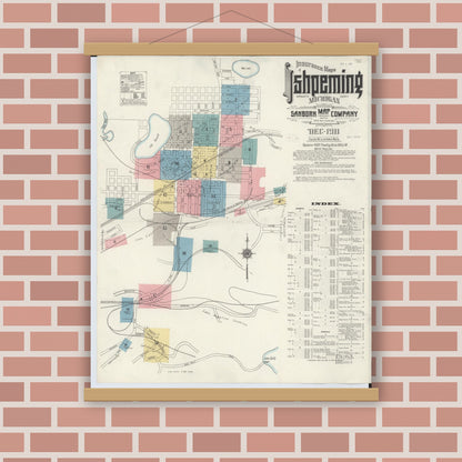 Old map wall art mockup — magnetic wood frame on brick wall — Sanborn Fire Insurance Map from Ishpeming, Marquette County, Michigan (1911) - Complete Map Set