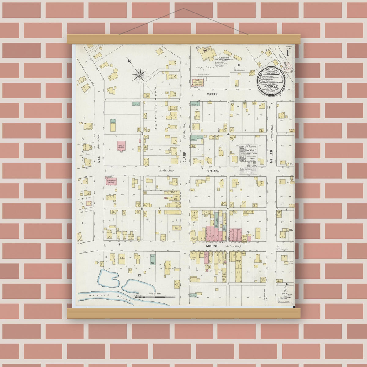 Old map wall art mockup — magnetic wood frame on brick wall — Sanborn Fire Insurance Map from Markle, Huntington County, Indiana (1895), Sheet #0001