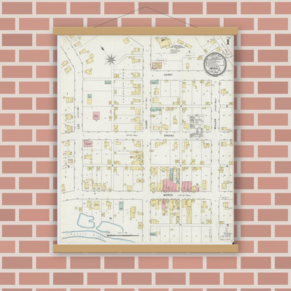 Old map wall art mockup — magnetic wood frame on brick wall — Sanborn Fire Insurance Map from Markle, Huntington County, Indiana (1895), Sheet #0001