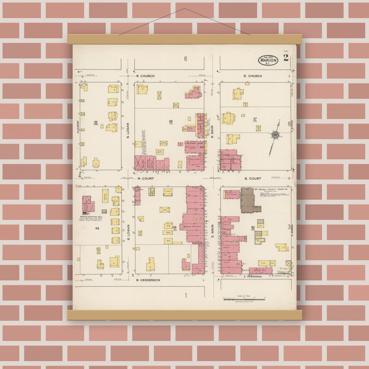Old map wall art mockup — magnetic wood frame on brick wall — Sanborn Fire Insurance Map from Marion, Mcdowell County, North Carolina (1922), Sheet #0002