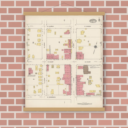 Old map wall art mockup — magnetic wood frame on brick wall — Sanborn Fire Insurance Map from Marion, Mcdowell County, North Carolina (1922), Sheet #0002