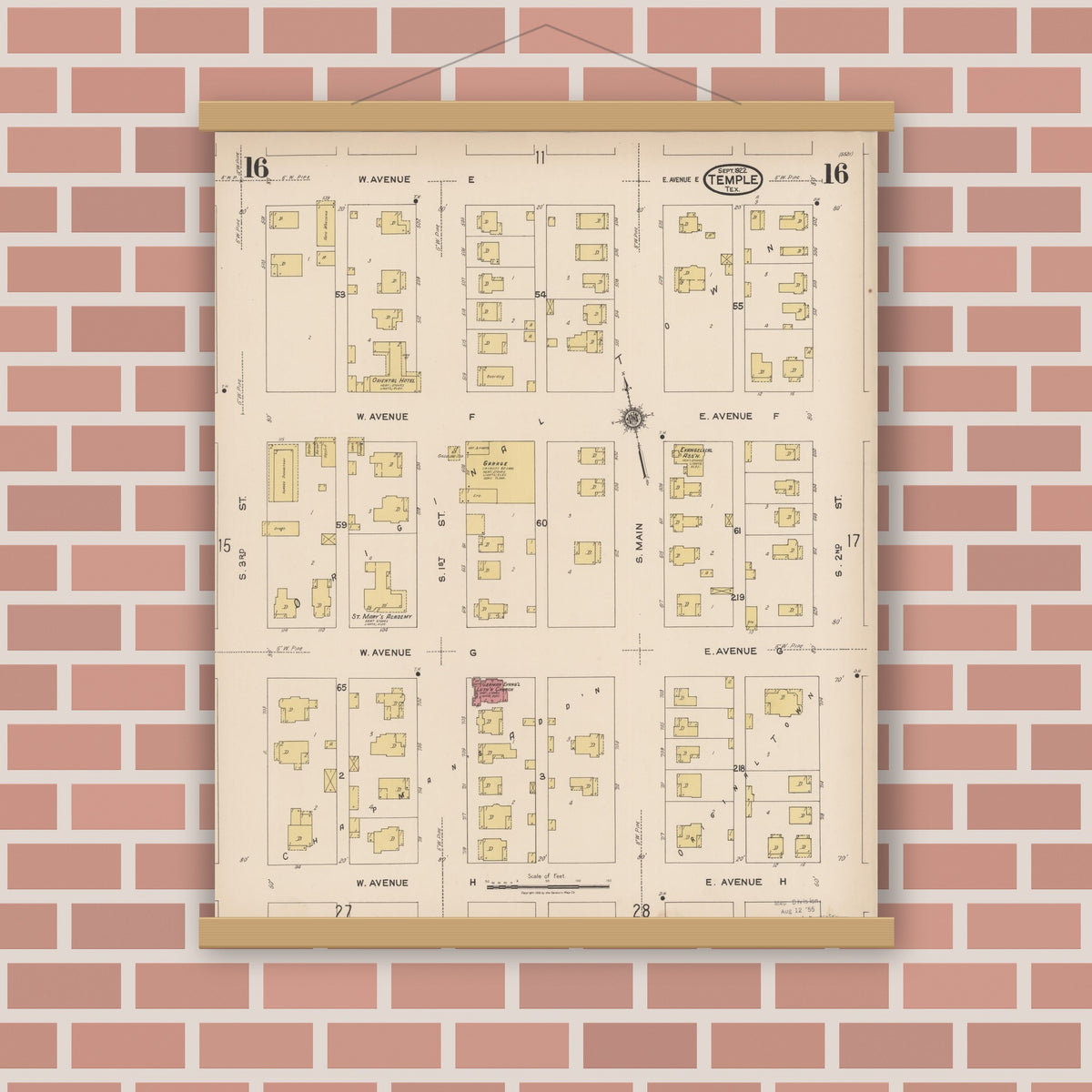 Old map wall art mockup — magnetic wood frame on brick wall — Sanborn Fire Insurance Map from Temple, Bell County, Texas (1922), Sheet #0016