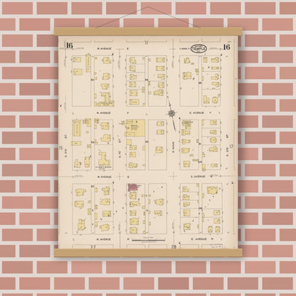 Old map wall art mockup — magnetic wood frame on brick wall — Sanborn Fire Insurance Map from Temple, Bell County, Texas (1922), Sheet #0016