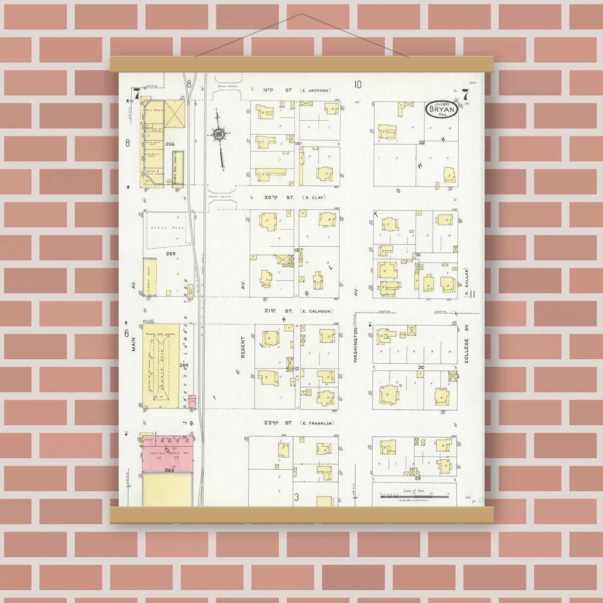 Old map wall art mockup — magnetic wood frame on brick wall — Sanborn Fire Insurance Map from Bryan, Brazos County, Texas (1925), Sheet #0007