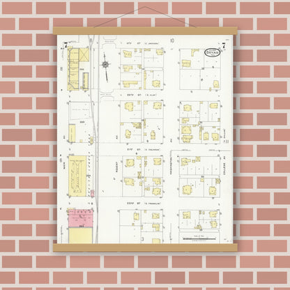 Old map wall art mockup — magnetic wood frame on brick wall — Sanborn Fire Insurance Map from Bryan, Brazos County, Texas (1925), Sheet #0007