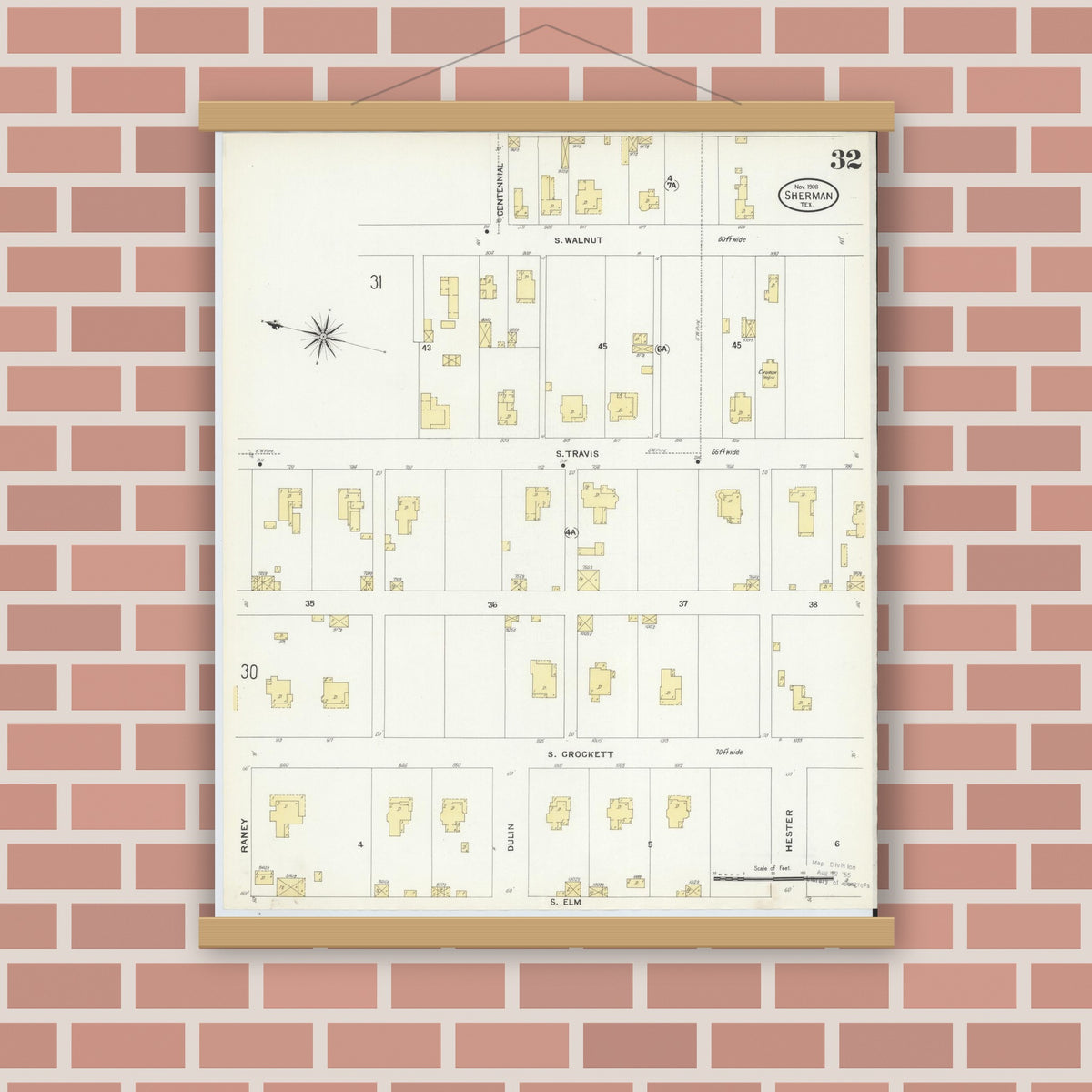 Old map wall art mockup — magnetic wood frame on brick wall — Sanborn Fire Insurance Map from Sherman, Grayson County, Texas (1908), Sheet #0032
