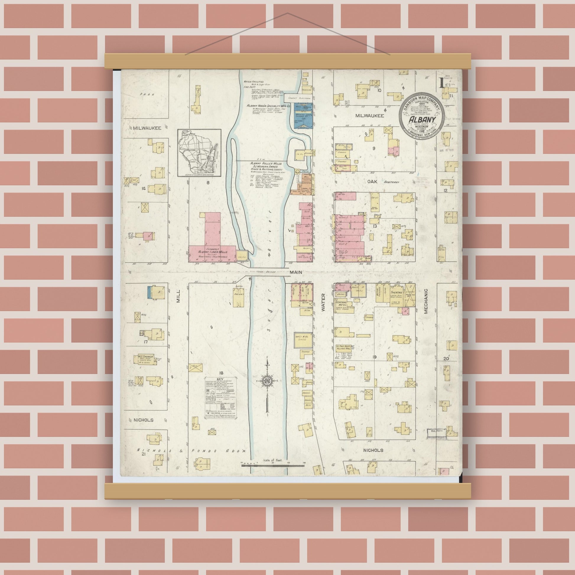 Old map wall art mockup — magnetic wood frame on brick wall — Sanborn Fire Insurance Map from Albany, Green County, Wisconsin (1912), Sheet #0001