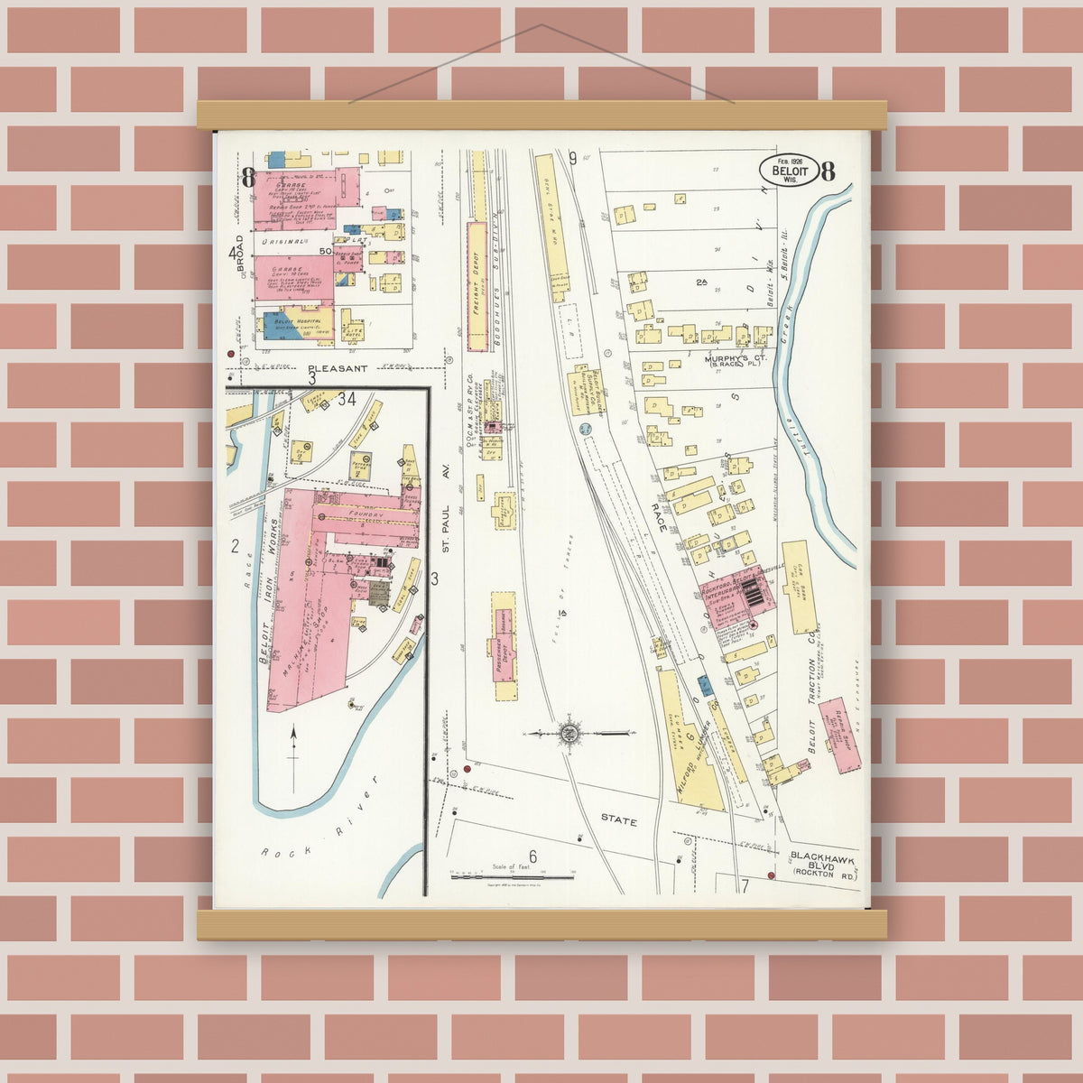 Old map wall art mockup — magnetic wood frame on brick wall — Sanborn Fire Insurance Map from Beloit, Rock County, Wisconsin (1926), Sheet #0008