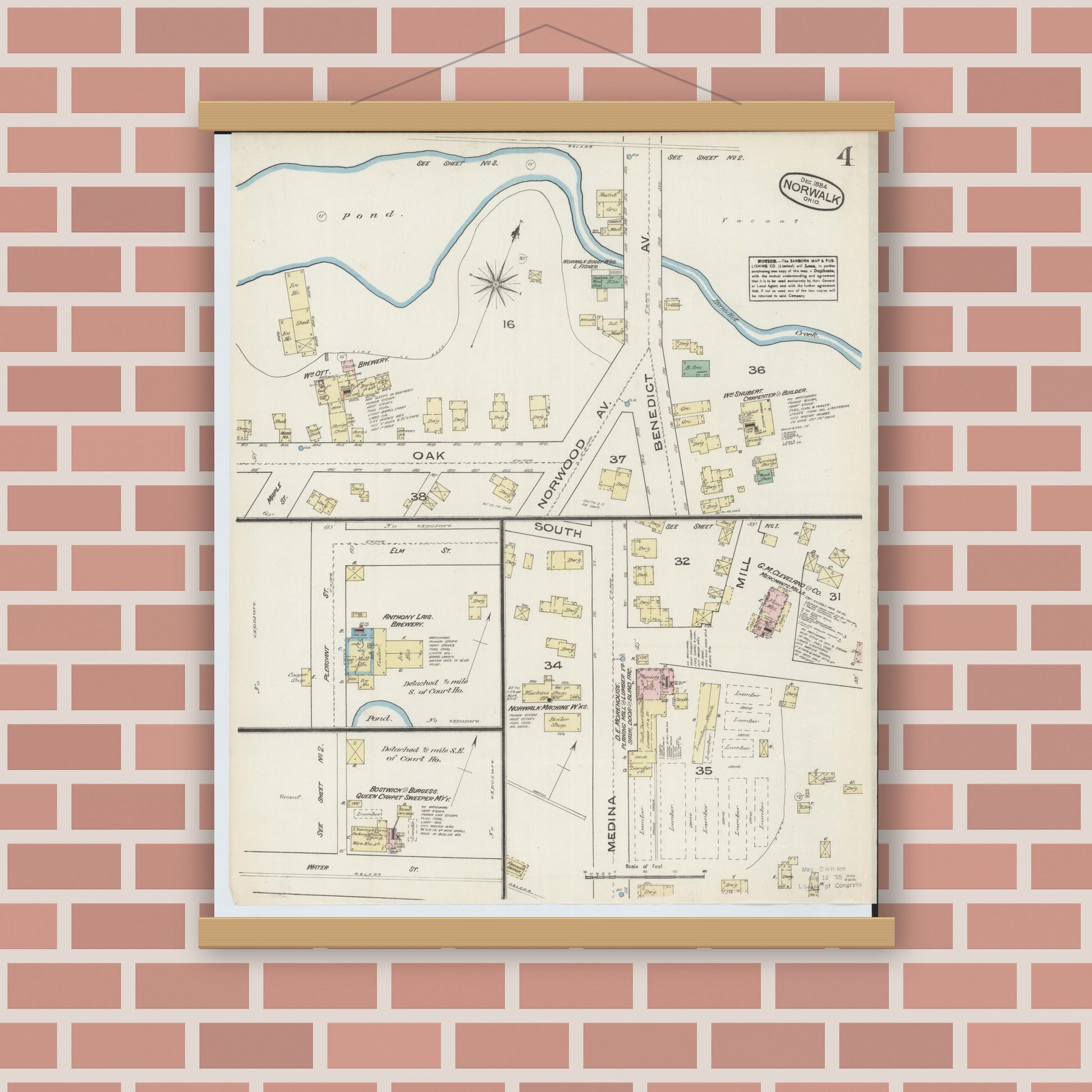 Old map wall art mockup — magnetic wood frame on brick wall — Sanborn Fire Insurance Map from Norwalk, Huron County, Ohio (1884), Sheet #0004