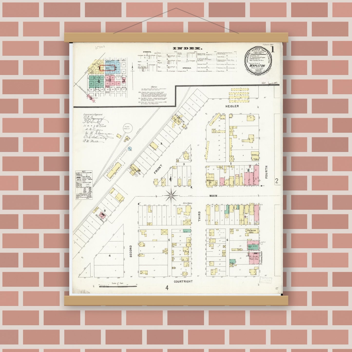 Old map wall art mockup — magnetic wood frame on brick wall — Sanborn Fire Insurance Map from Mapleton, Monona County, Iowa (1897), Sheet #0001