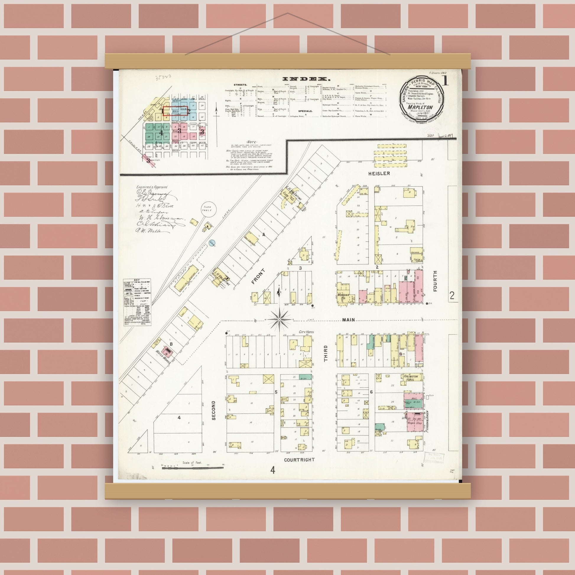 Old map wall art mockup — magnetic wood frame on brick wall — Sanborn Fire Insurance Map from Mapleton, Monona County, Iowa (1897), Sheet #0001