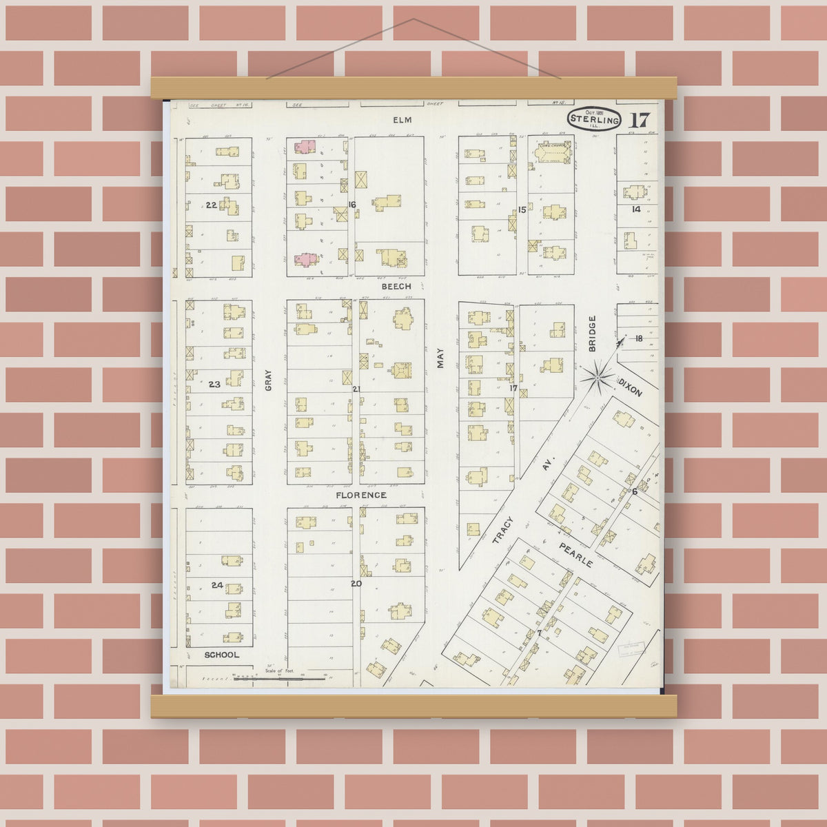 Old map wall art mockup — magnetic wood frame on brick wall — Sanborn Fire Insurance Map from Sterling, Whiteside County, Illinois (1891), Sheet #0017