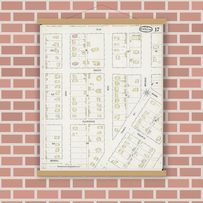 Old map wall art mockup — magnetic wood frame on brick wall — Sanborn Fire Insurance Map from Sterling, Whiteside County, Illinois (1891), Sheet #0017