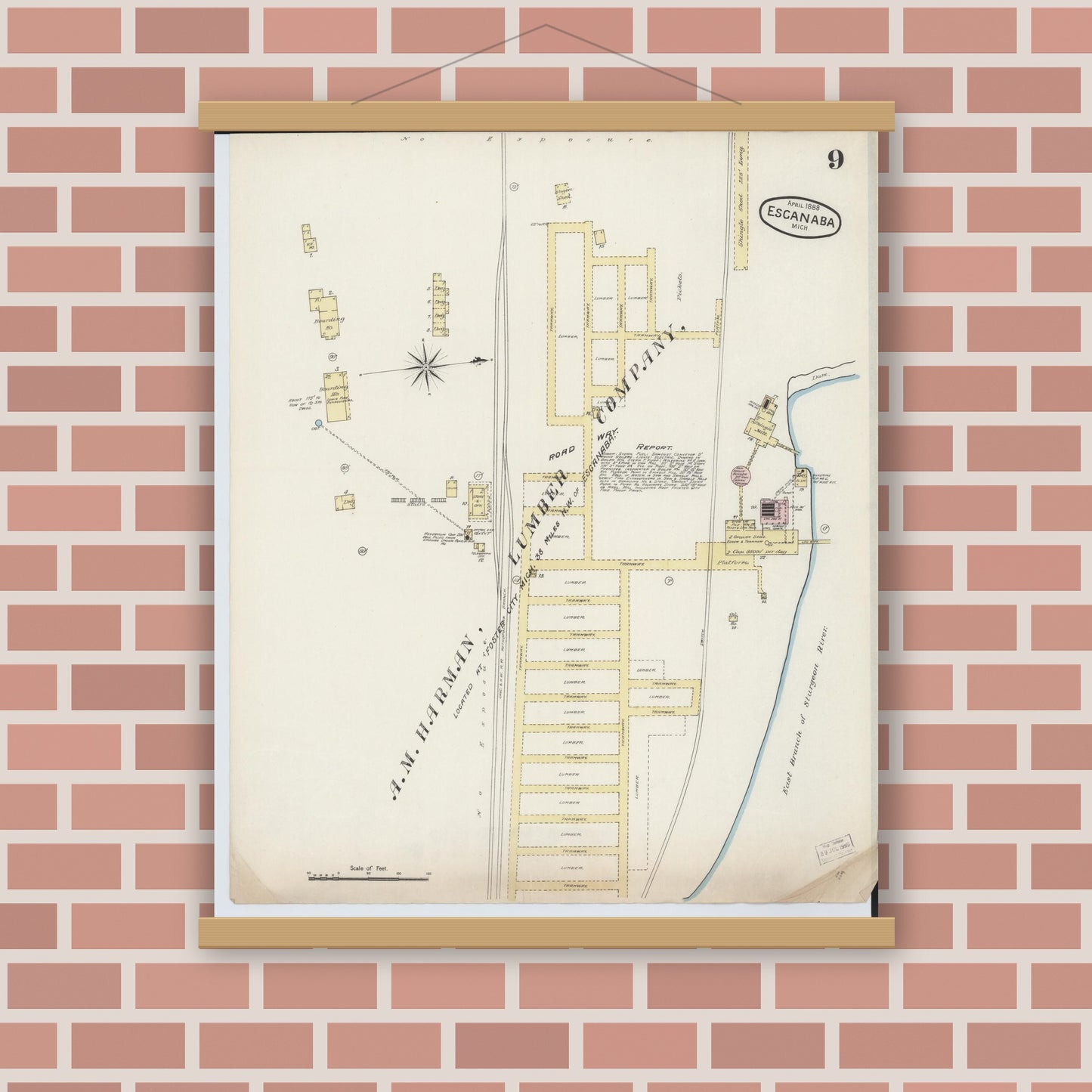Old map wall art mockup — magnetic wood frame on brick wall — Sanborn Fire Insurance Map from Escanaba, Delta County, Michigan (1888), Sheet #0009