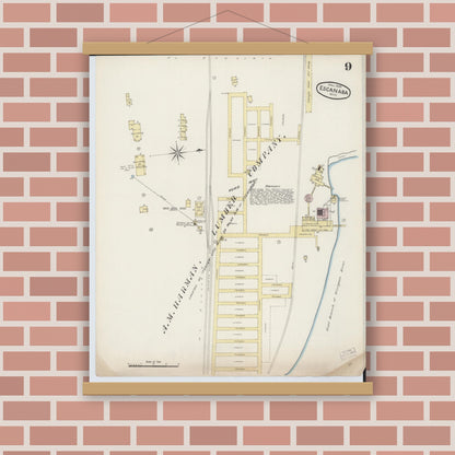 Old map wall art mockup — magnetic wood frame on brick wall — Sanborn Fire Insurance Map from Escanaba, Delta County, Michigan (1888), Sheet #0009