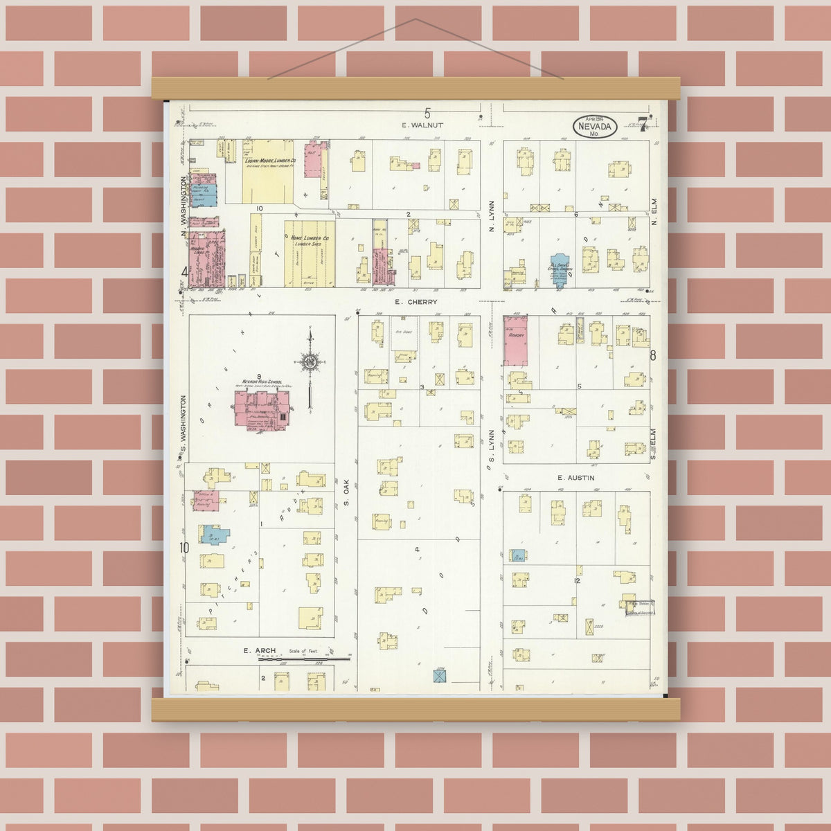 Old map wall art mockup — magnetic wood frame on brick wall — Sanborn Fire Insurance Map from Nevada, Vernon County, Missouri (1914), Sheet #0007