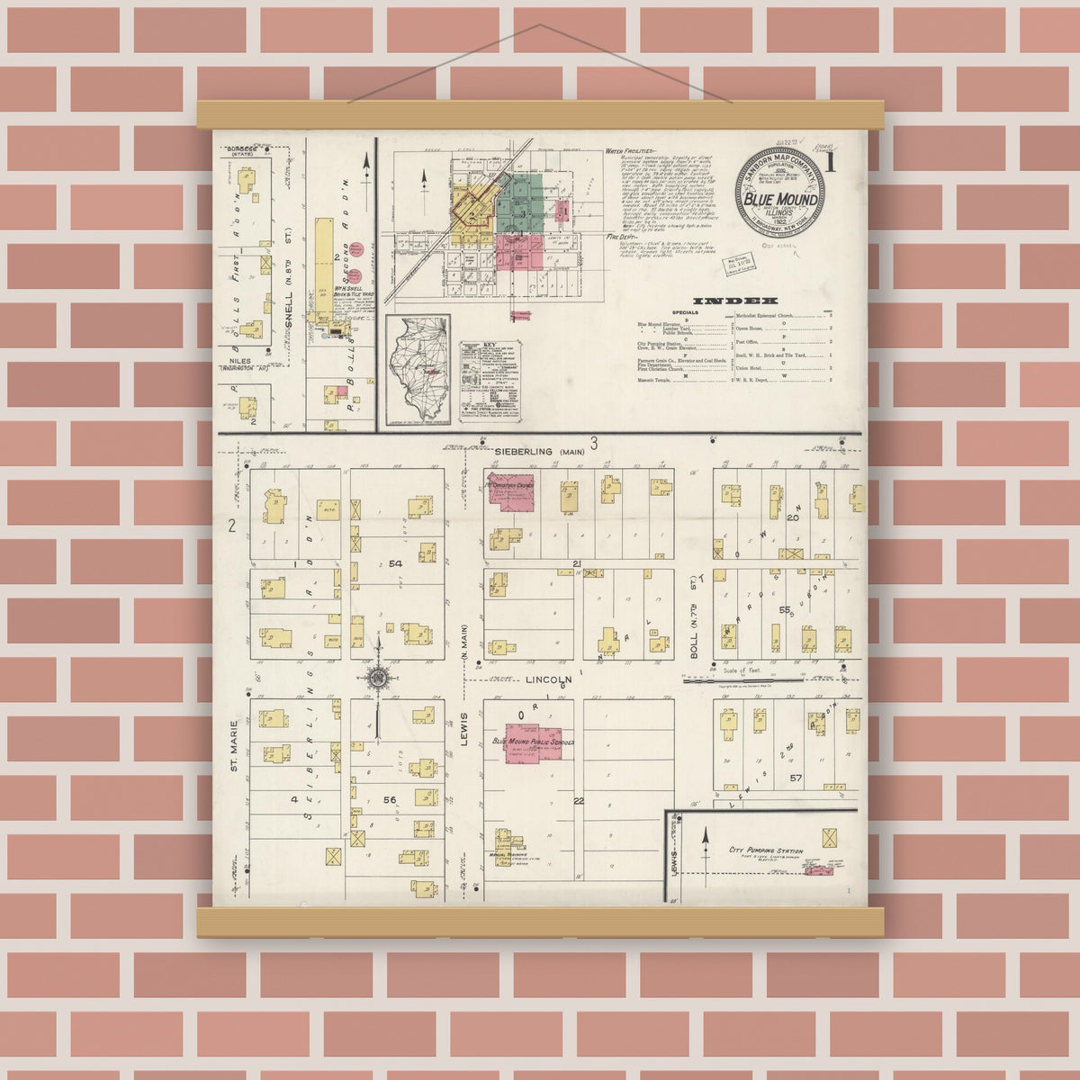Old map wall art mockup — magnetic wood frame on brick wall — Sanborn Fire Insurance Map from Blue Mound, Macon County, Illinois (1922), Sheet #0001