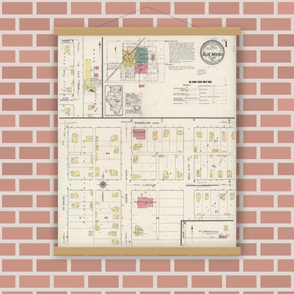 Old map wall art mockup — magnetic wood frame on brick wall — Sanborn Fire Insurance Map from Blue Mound, Macon County, Illinois (1922), Sheet #0001
