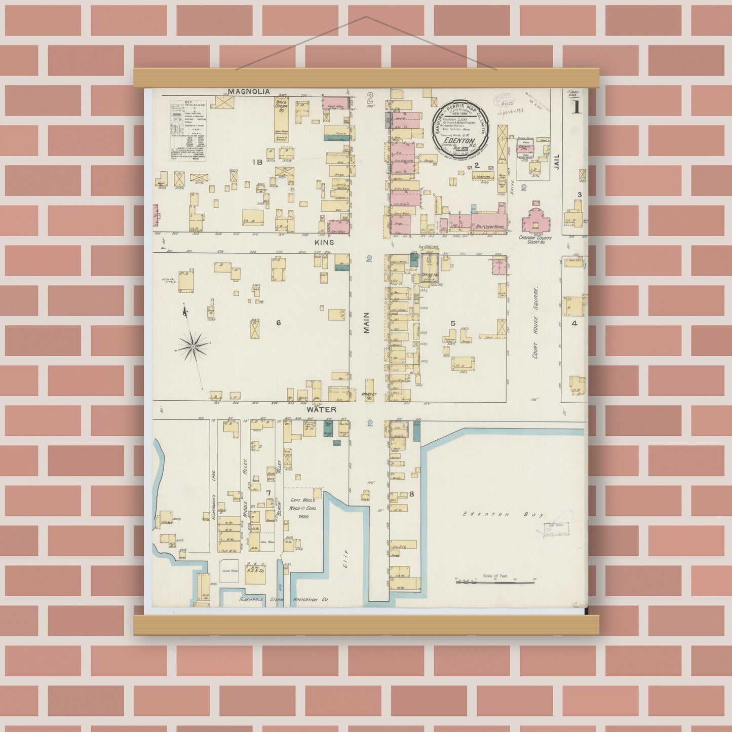 Old map wall art mockup — magnetic wood frame on brick wall — Sanborn Fire Insurance Map from Edenton, Chowan County, North Carolina (1893) - Complete Map Set