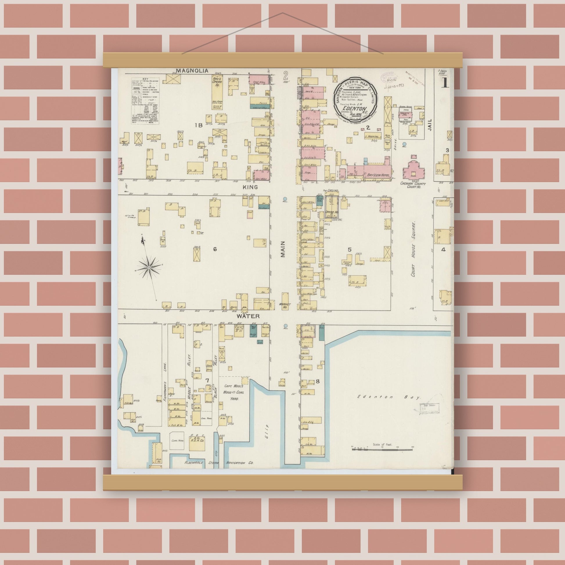 Old map wall art mockup — magnetic wood frame on brick wall — Sanborn Fire Insurance Map from Edenton, Chowan County, North Carolina (1893) - Complete Map Set