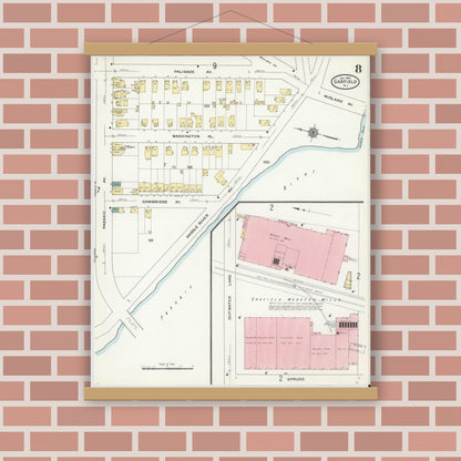 Old map wall art mockup — magnetic wood frame on brick wall — Sanborn Fire Insurance Map from Garfield, Bergen County, New Jersey (1910), Sheet #0008