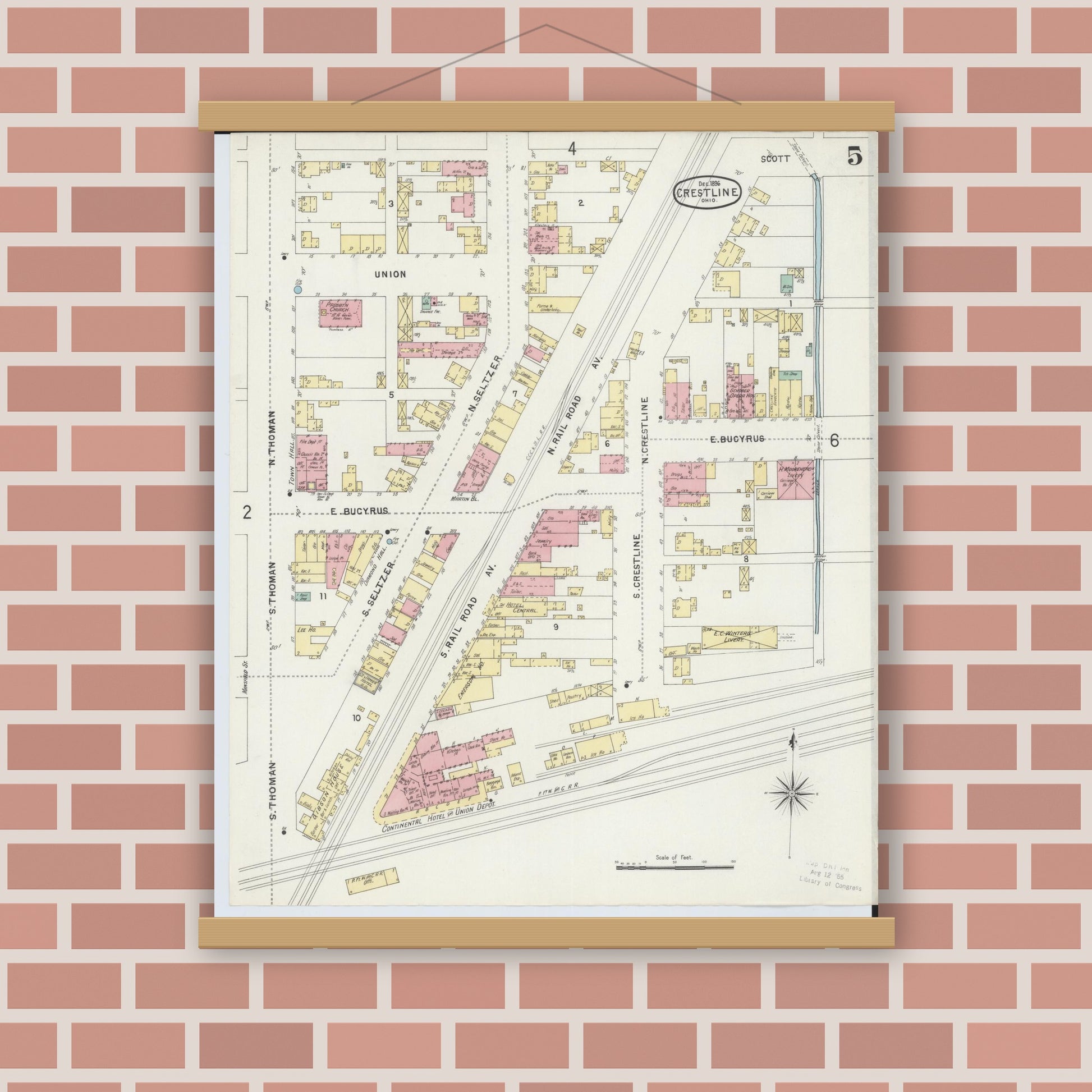 Old map wall art mockup — magnetic wood frame on brick wall — Sanborn Fire Insurance Map from Crestline, Crawford County, Ohio (1896), Sheet #0005