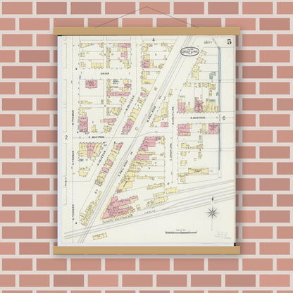 Old map wall art mockup — magnetic wood frame on brick wall — Sanborn Fire Insurance Map from Crestline, Crawford County, Ohio (1896), Sheet #0005
