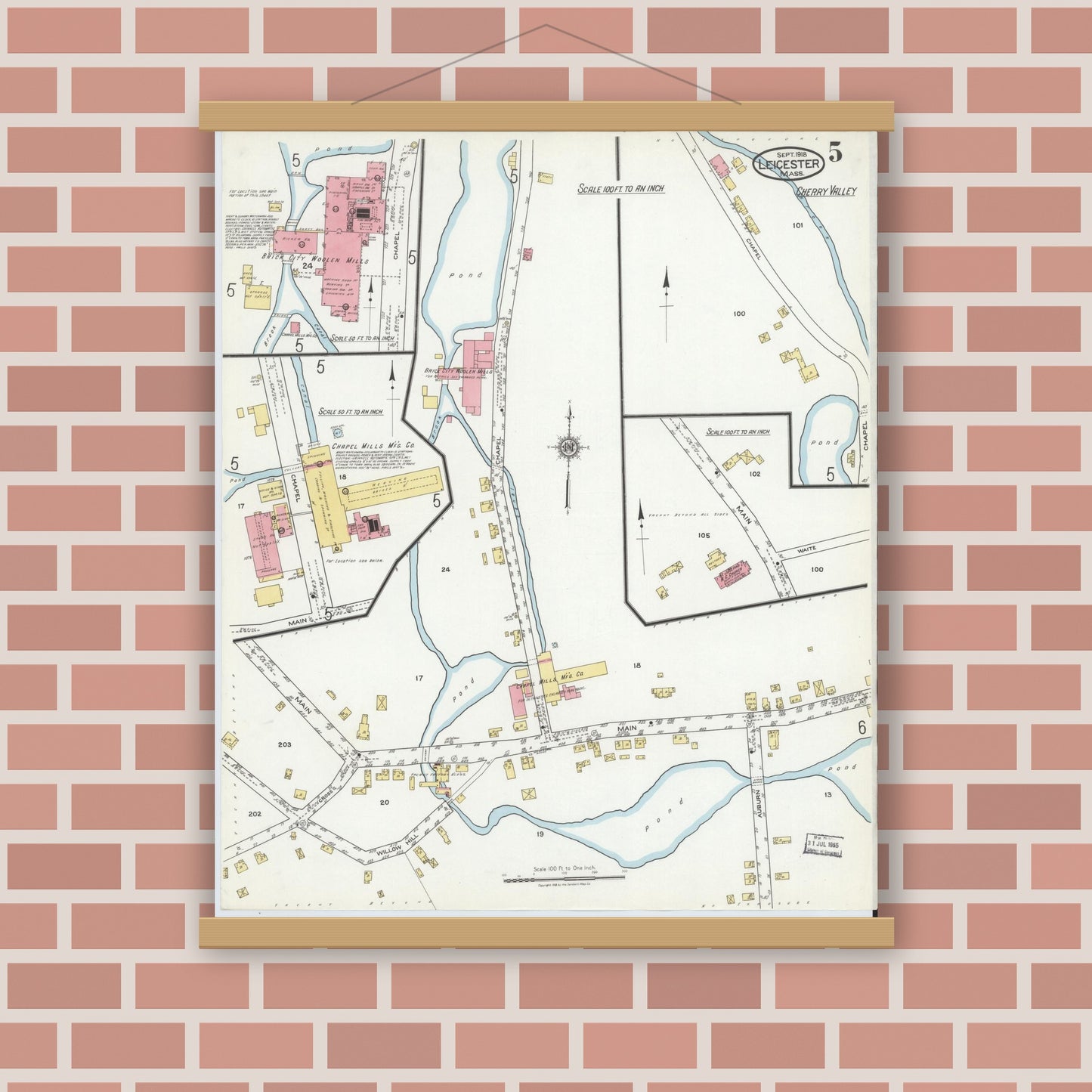Old map wall art mockup — magnetic wood frame on brick wall — Sanborn Fire Insurance Map from Leicester, Worcester County, Massachusetts (1918), Sheet #0005