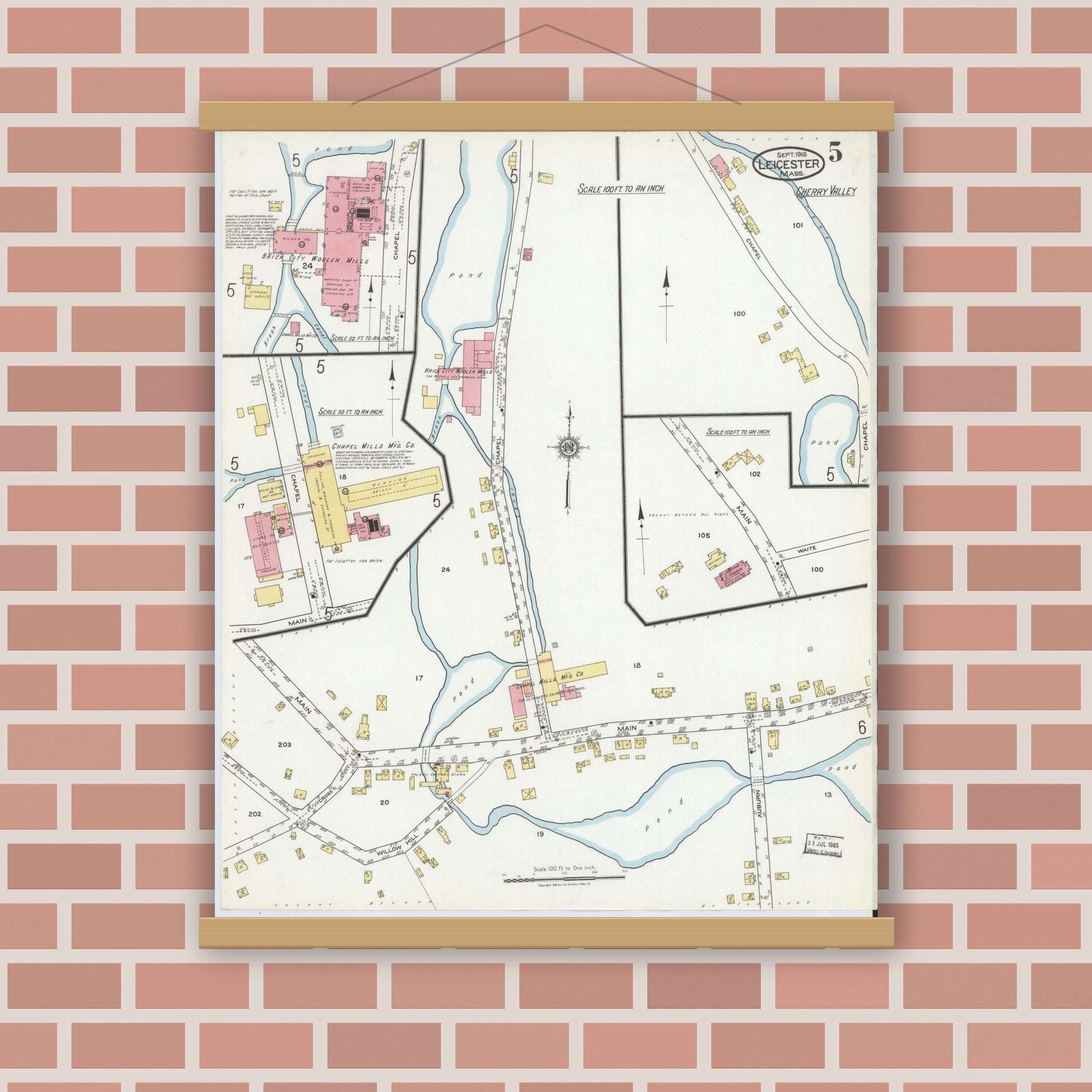 Old map wall art mockup — magnetic wood frame on brick wall — Sanborn Fire Insurance Map from Leicester, Worcester County, Massachusetts (1918), Sheet #0005