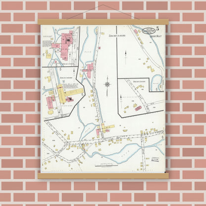 Old map wall art mockup — magnetic wood frame on brick wall — Sanborn Fire Insurance Map from Leicester, Worcester County, Massachusetts (1918), Sheet #0005