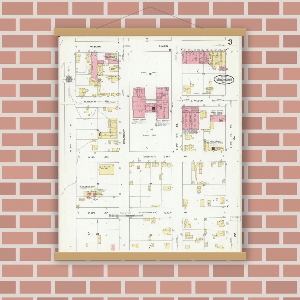 Old map wall art mockup — magnetic wood frame on brick wall — Sanborn Fire Insurance Map from Menomonie, Dunn County, Wisconsin (1910), Sheet #0003
