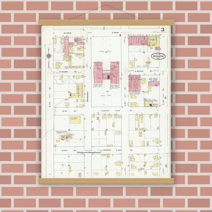 Old map wall art mockup — magnetic wood frame on brick wall — Sanborn Fire Insurance Map from Menomonie, Dunn County, Wisconsin (1910), Sheet #0003