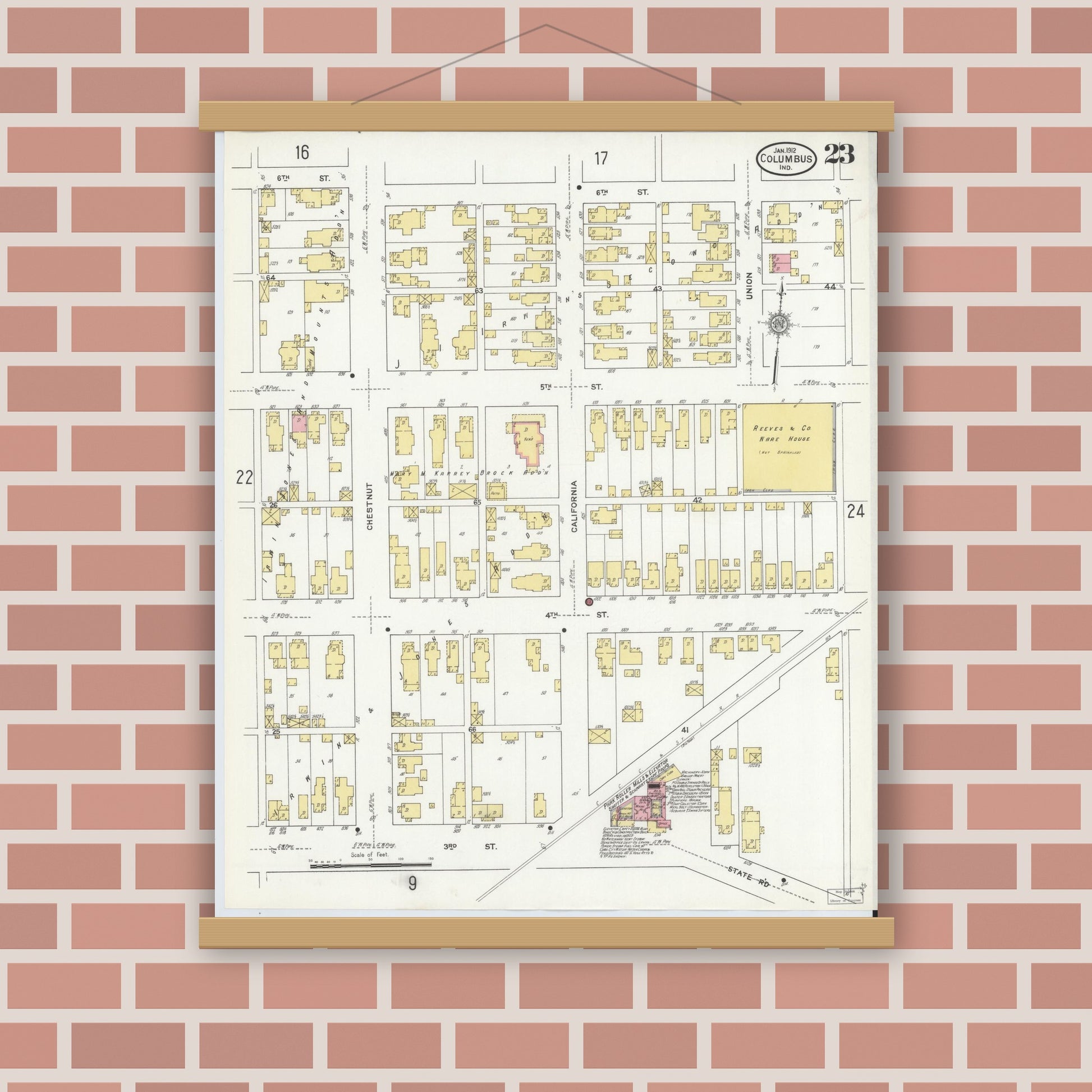 Old map wall art mockup — magnetic wood frame on brick wall — Sanborn Fire Insurance Map from Columbus, Bartholomew County, Indiana (1912), Sheet #0023