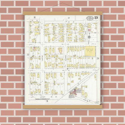 Old map wall art mockup — magnetic wood frame on brick wall — Sanborn Fire Insurance Map from Columbus, Bartholomew County, Indiana (1912), Sheet #0023