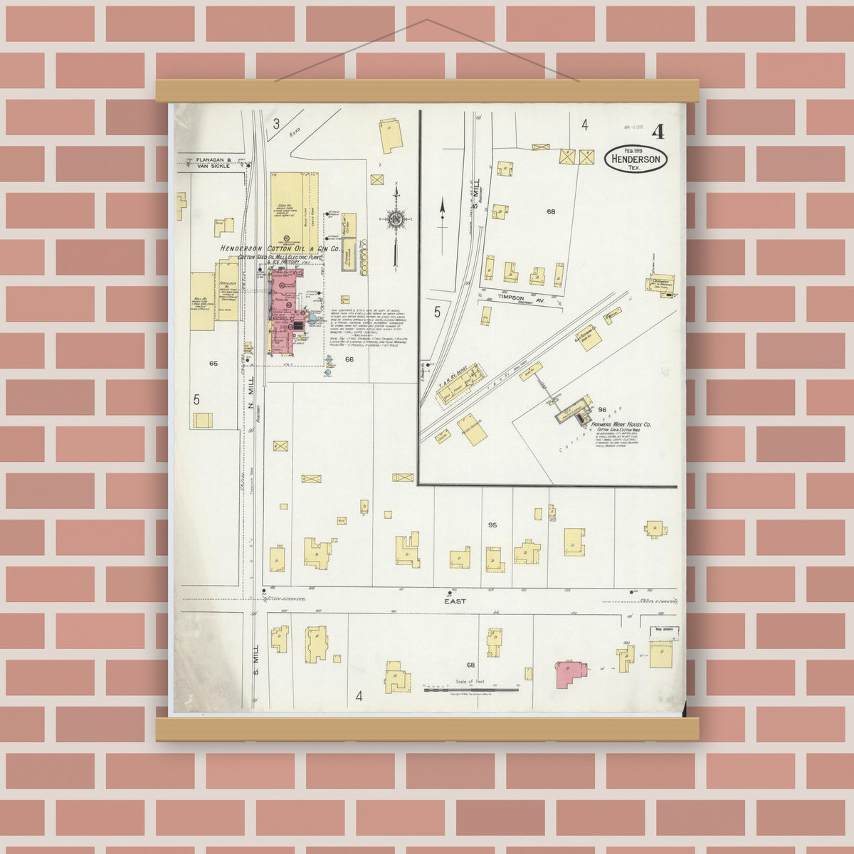 Old map wall art mockup — magnetic wood frame on brick wall — Sanborn Fire Insurance Map from Henderson, Rusk County, Texas (1919), Sheet #0004
