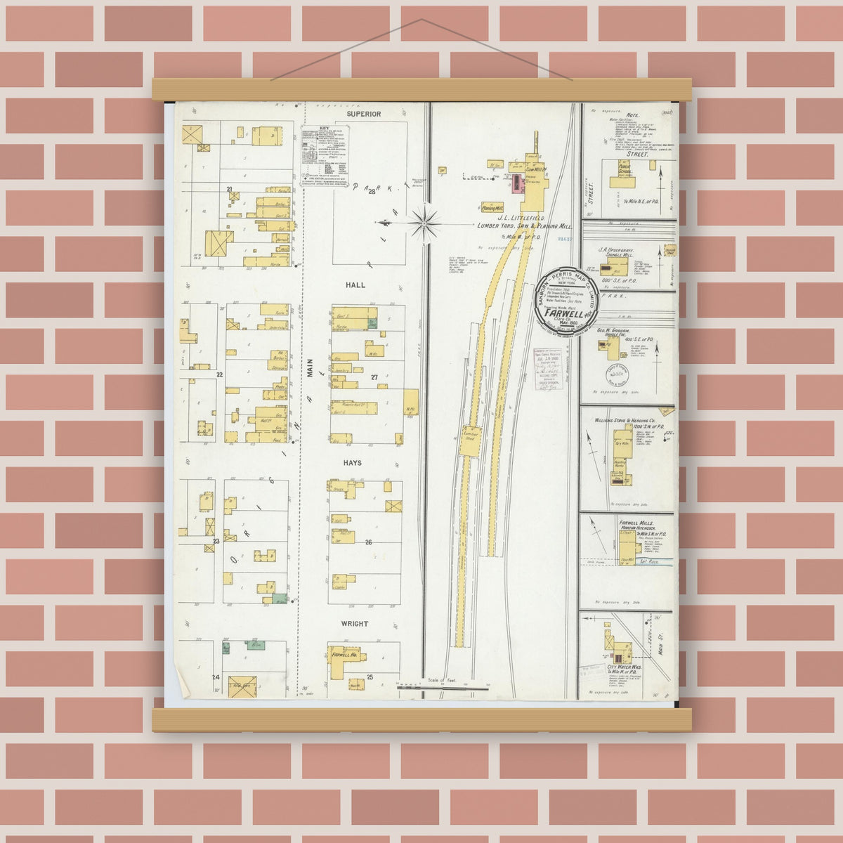 Old map wall art mockup — magnetic wood frame on brick wall — Sanborn Fire Insurance Map from Farwell, Clare County, Michigan (1900), Sheet #0001