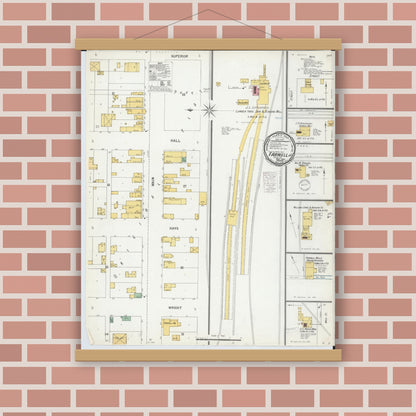 Old map wall art mockup — magnetic wood frame on brick wall — Sanborn Fire Insurance Map from Farwell, Clare County, Michigan (1900), Sheet #0001