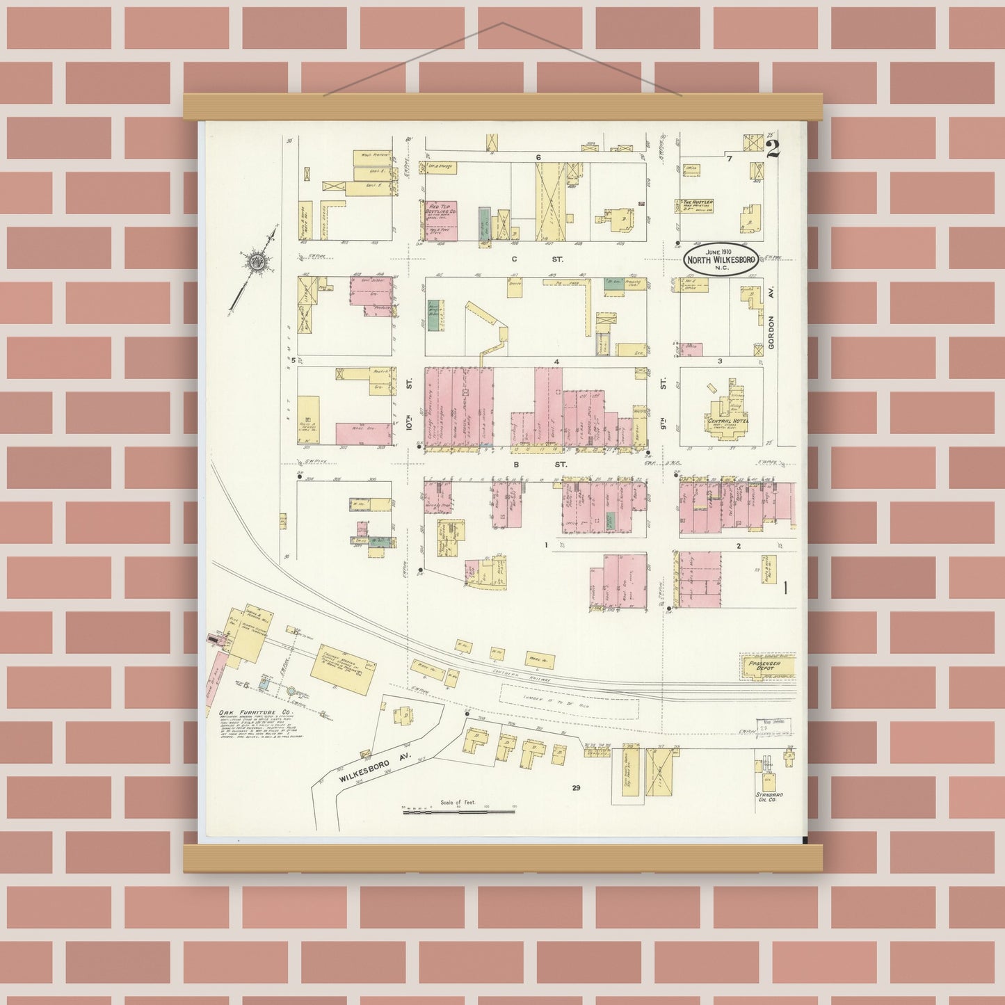 Old map wall art mockup — magnetic wood frame on brick wall — Sanborn Fire Insurance Map from North Wilkesboro, Wilkes County, North Carolina (1910), Sheet #0002