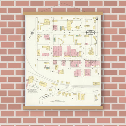 Old map wall art mockup — magnetic wood frame on brick wall — Sanborn Fire Insurance Map from North Wilkesboro, Wilkes County, North Carolina (1910), Sheet #0002