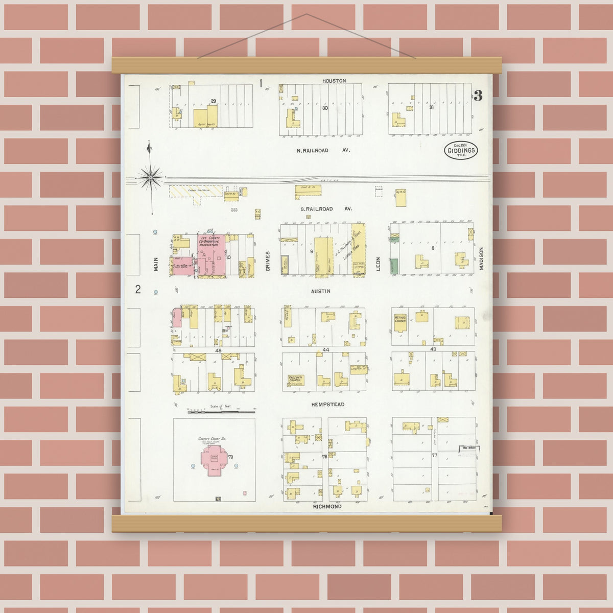 Old map wall art mockup — magnetic wood frame on brick wall — Sanborn Fire Insurance Map from Giddings, Lee County, Texas (1901), Sheet #0003