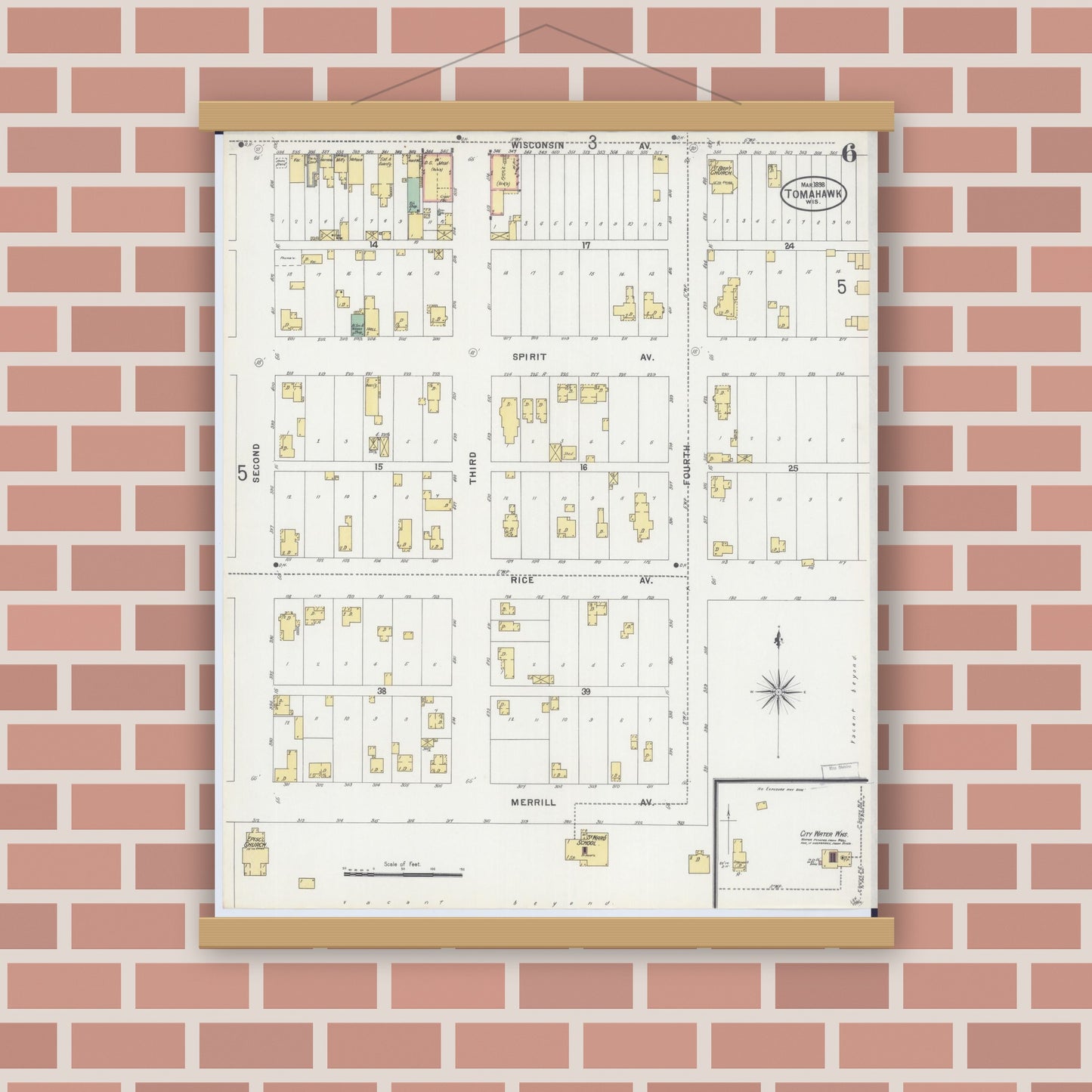 Old map wall art mockup — magnetic wood frame on brick wall — Sanborn Fire Insurance Map from Tomahawk, Lincoln County, Wisconsin (1898), Sheet #0006