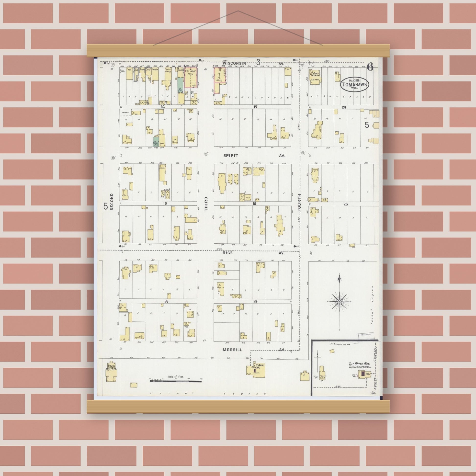 Old map wall art mockup — magnetic wood frame on brick wall — Sanborn Fire Insurance Map from Tomahawk, Lincoln County, Wisconsin (1898), Sheet #0006