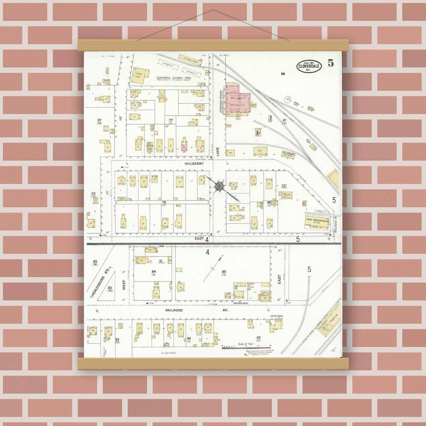 Old map wall art mockup — magnetic wood frame on brick wall — Sanborn Fire Insurance Map from Cloverdale, Sonoma County, California (1911), Sheet #0005